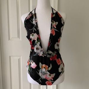 H&M Floral Swimsuit One-piece Bathing Suit Low Cut Halter Cheeky Flower Print 10